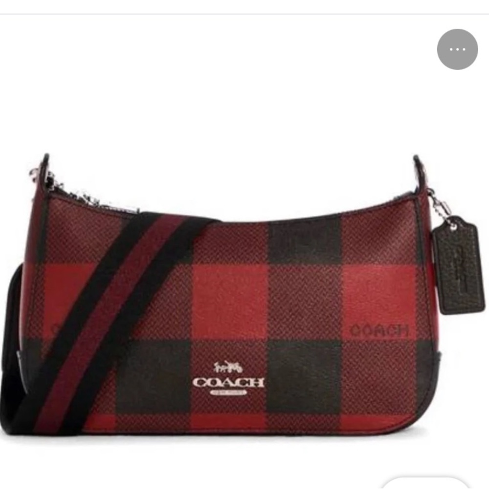 Coach Buffalo plaid Jes Baguette red and black leather crossbody bag | NEW